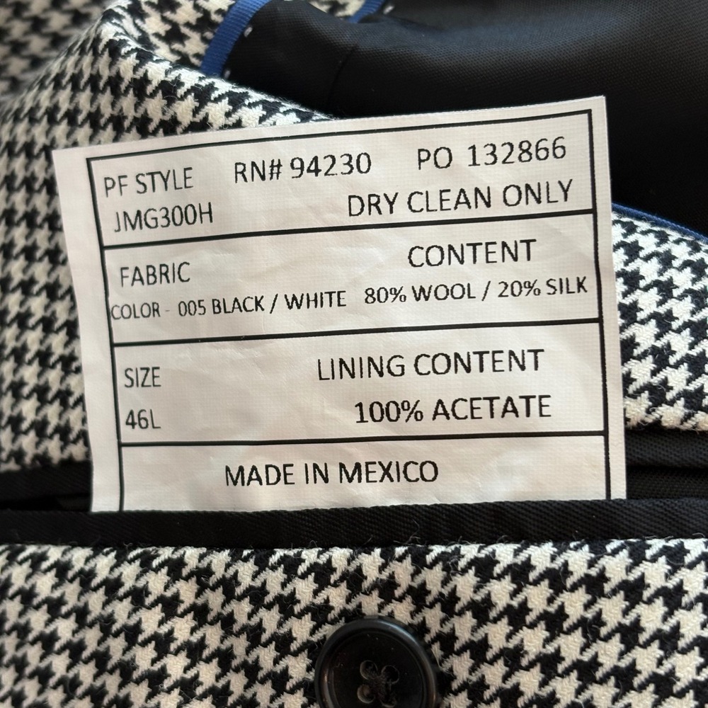 Paul Fredrick Mens 46L Houndstooth 3 Button Blazer Wool Silk Blend Black White - Picture 8 of 8
